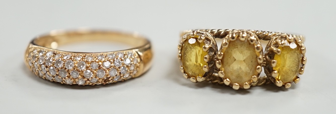 A modern 9ct gold and three stone citrine ring, size Q, gross weight 4.7 grams and a modern 18ct gold and pave set diamond chip ring (stone missing), gross weight 2.8 grams.